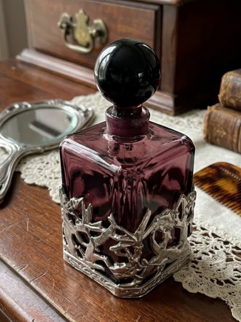 VTG Art Nouveau Amethyst Art Glass Perfume Bottle Pewter Filigree 
A.E. PRICE